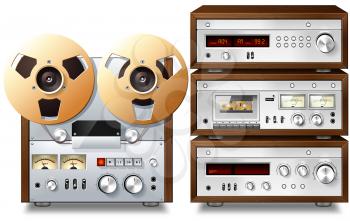 Royalty Free Clipart Image of Stereo Components and a Tape Reel