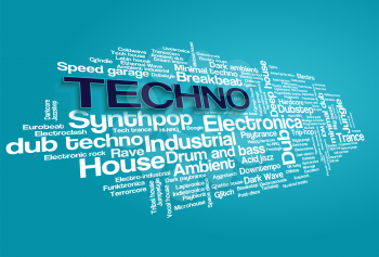 Electronic Techno Music Styles Word Cloud Bubble Tag Tree vector on blue background