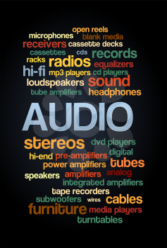 Audio Stereo Word Cloud Bubble Tag Tree Text vector on dark background
