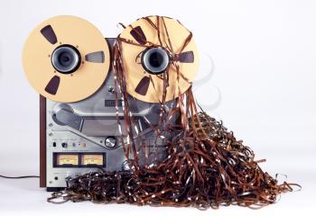 Open Reel Tape Deck Recorder Player with Messy Entangled Tape