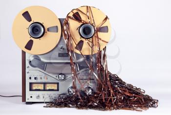 Open Reel Tape Deck Recorder Player with Messy Entangled Tape