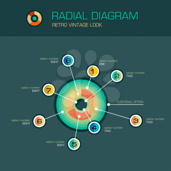Vector round radial diagram with beam pointers infographic design template. Planetary concept with 8 options. Data visualization illustration suitable for web design.