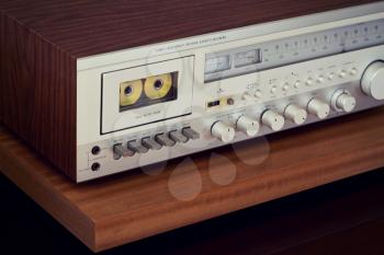 Vintage Cassette Deck Stereo Receiver Angled View Closeup