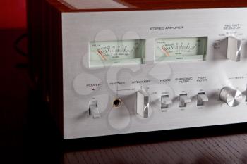 Vintage Stereo Amplifier Metal Frontal Panel with VU meters Closeup 