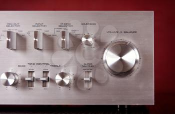 Vintage Stereo Amplifier Metal Frontal Panel Volume Control Knob Closeup