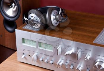 Analog Audio Stereo System Amplifier Headphones Speaker Angled View from the Top