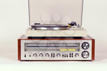 Vintage Stereo Radio Receiver with Record Player Turntable Set
