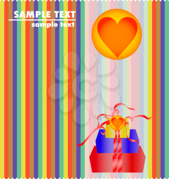 Royalty Free Clipart Image of a Striped Background With a Heart and Gifts