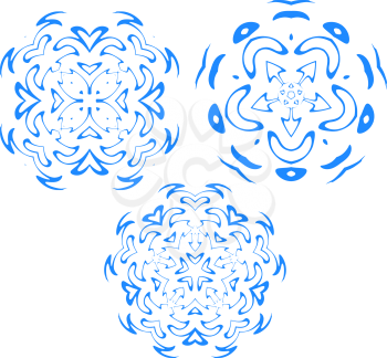 Royalty Free Clipart Image of Three Blue Snowflakes