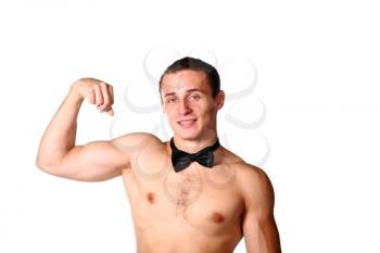 handsome guy is flexing muscles on white