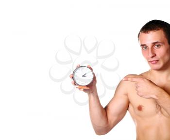 handsome guy shirtless showing the time in studio on white