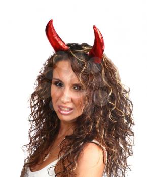 glamour Devil - face of sexy brunette with horns smirking isolated on white