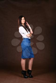 Beautiful woman in blue skirt and white shirt. Posing on brown background.