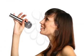 closeup of pretty brunette with silver mic in hand isolated