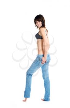 sensual girl isolated in jeans in the studio on white background