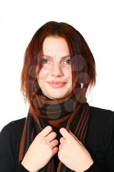 This is portrait of a beautiful redhead girl with scarf on white