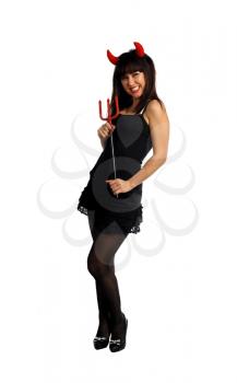 Cute Latin Woman with Dark Hair and Bangs in a Devil Costume against a White Background