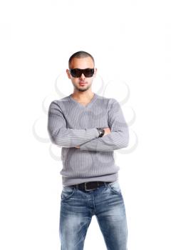 Casual friendly man in jeans and pullover - isolated over a white background