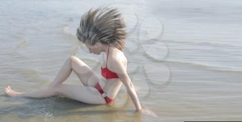 Beautiful girl sitting on the water flying hairs red bikini