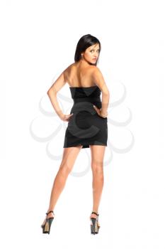 young business lady in black dress isolated on white