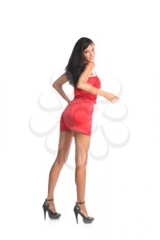Portrait of a beautiful young woman in red dress. Isolated white background.