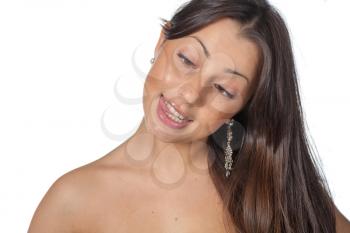Brunette girl making funny face on white background. Joy concept