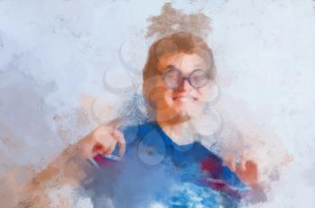 Oil painting Portrait of a man with nerd glasses n studio fun. Head and shoulders shot, gesturing.