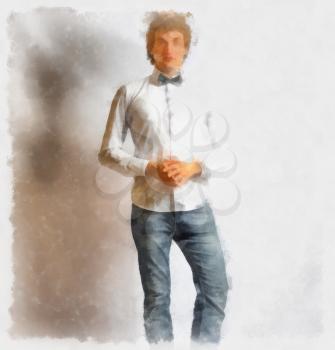 Watercolor painting young fashion male model wearing bow tie  on gray background