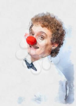 Watercolor painting Funny businessman with red clown nose studio shot. Concept or idea of unusual things.