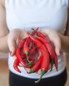 red chili peppers in hand on a white background