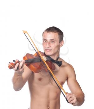 handsome guy shirtless with bow tie having fun with violin isolated on white