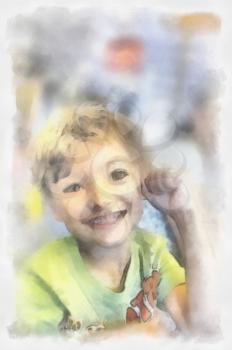 watercolor depicting a portrait of a beautiful child. Portrait of a kid, watercolour illustration