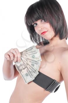 Sexy female with fan of dollars isolated on white
