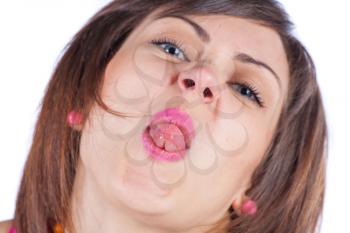 woman making silly face portrait on white background