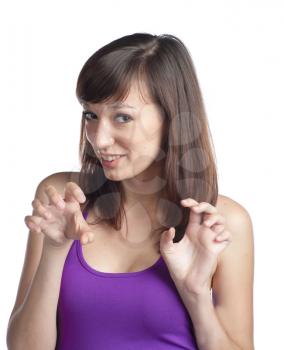 Brunette Woman making a funny face blue tank top on white background isolated head and shoulders shot