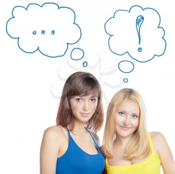 Two attractive girl friends thinking - blond and brunette on white background. Yellow and blue tank top