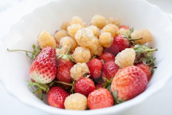 Assorted berries in bowl on natural white background. Selective focus