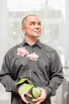 Smiling man carrying a plant blooming orchid and looking up. Handsome caucasian 40s man smiling portrait on grey background with black shirt holding orchid in pot.