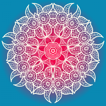 Oriental mandala motif round lase pattern on the blue background, like snowflake or mehndi paint in light-blue color. Ethnic backgrounds native art concept
