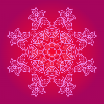Oriental mandala motif round lase pattern on the pink background, like snowflake or mehndi paint in red and blue