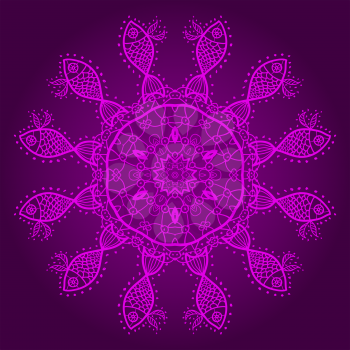 Violet fishes. Oriental mandala motif round lase pattern on the pink background, like snowflake or mehndi paint in red and blue