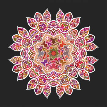 What is karma? Oriental mandala motif round lase pattern on the black background, like snowflake or mehndi paint of deep red color