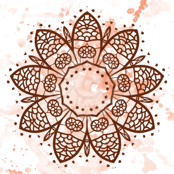 what is karma? Oriental mandala motif round lase pattern on the yellow background, like snowflake or mehndi paint of orange color. Ethnic backgrounds concept