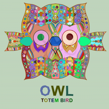 Vintage design with totem bird owl. Vector multicolored image