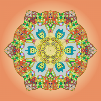 Oriental mandala motif round lase pattern on the yellow background, like snowflake or mehndi paint on orange color background