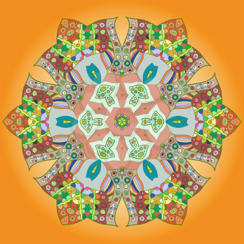 Oriental mandala motif round lase pattern on the yellow background, like snowflake or mehndi paint on orange color background