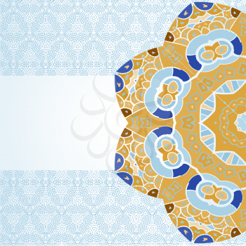 Oriental mandala motif half round lase pattern on the light-blue background, like snowflake or mehndi paint color background