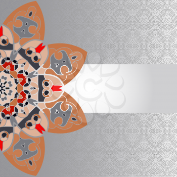 Oriental brown mandala motif half-round lase pattern on the gray background, like snowflake or mehndi paint of orange color