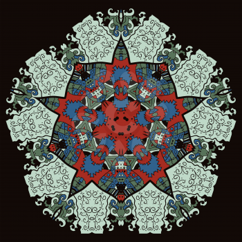 Oriental mandala motif round lase pattern on the black background, like snowflake or mehndi paint color background