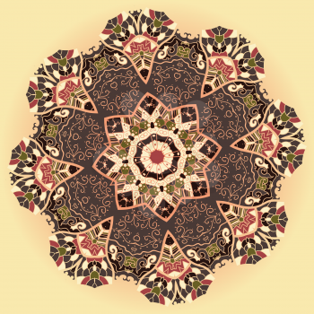 Oriental mandala motif round lase pattern on the yellow background, like snowflake or mehndi paint color background